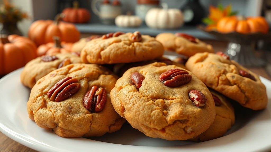 A plate of soft pumpkin pecan cookies with pecans, set in a cozy kitchen with autumn decor.